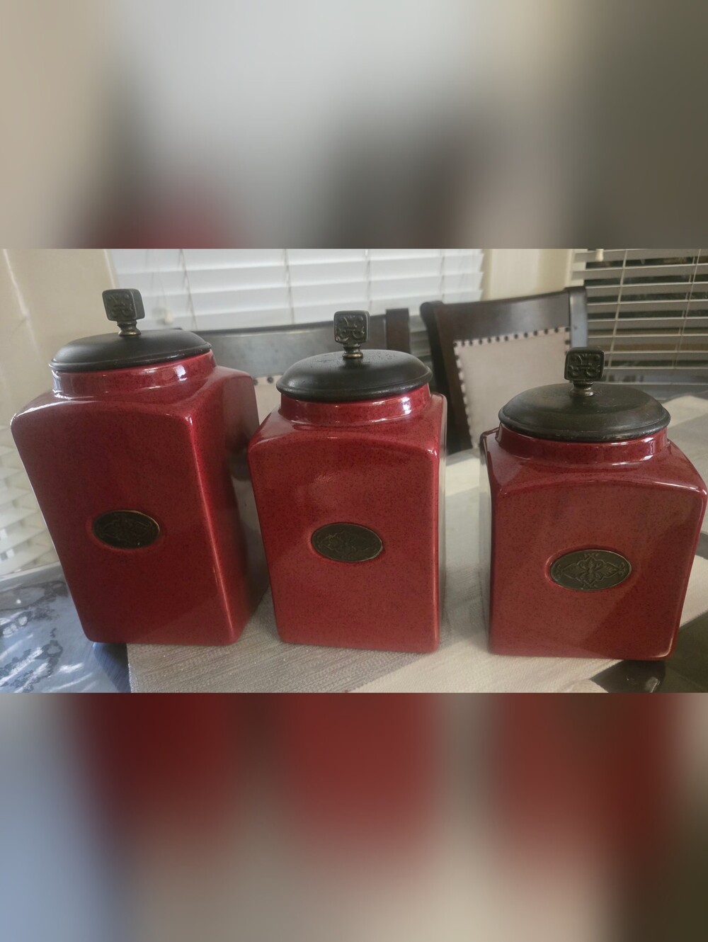 Pier 1 Red Ceramic Canister Set with Black Lids
